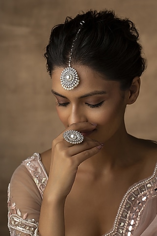 Rhodium Finish Cubic Zirconia Handcrafted Maang Tikka by Paisley Pop