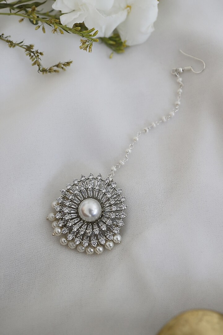 Rhodium Finish Cubic Zirconia Handcrafted Maang Tikka by Paisley Pop at Pernia's Pop Up Shop