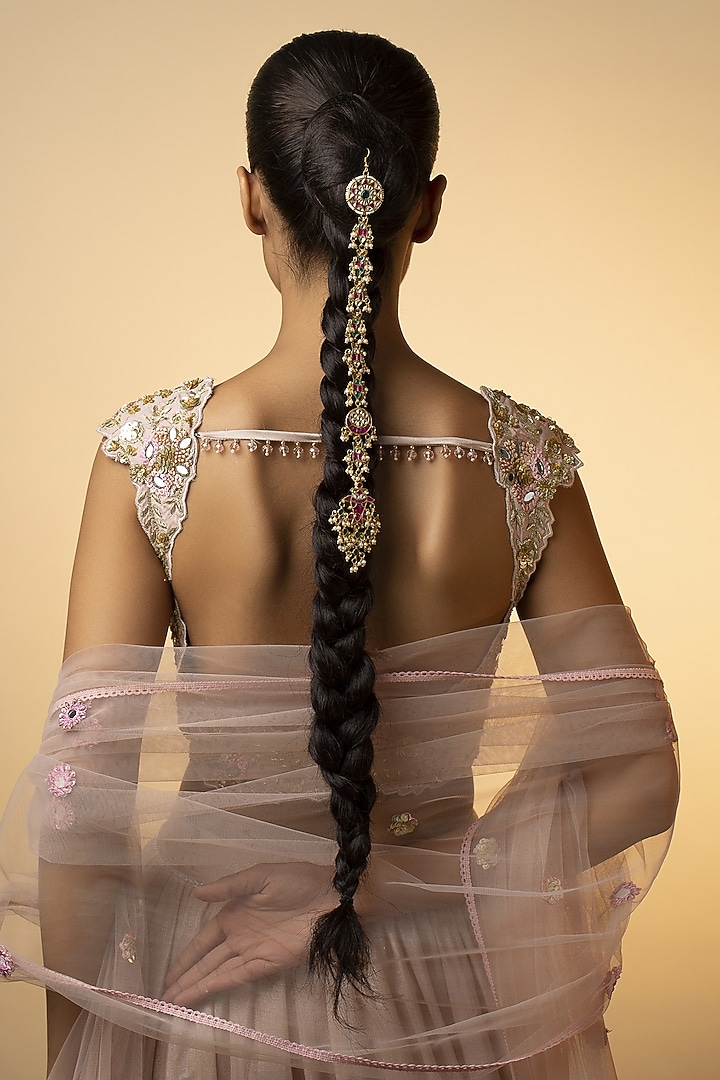 Gold Plated Kundan Polki & Shell Pearls Handcrafted Braid Pin by Paisley Pop at Pernia's Pop Up Shop
