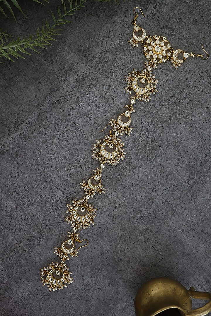 Gold Plated Kundan Polki & Shell Pearls Handcrafted Braid Pin by Paisley Pop at Pernia's Pop Up Shop