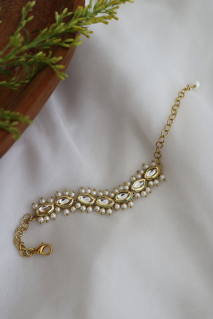 Gold Finish Kundan Polki & Freshwater Pearls Handcrafted Bracelet by Paisley Pop at Pernia's Pop Up Shop