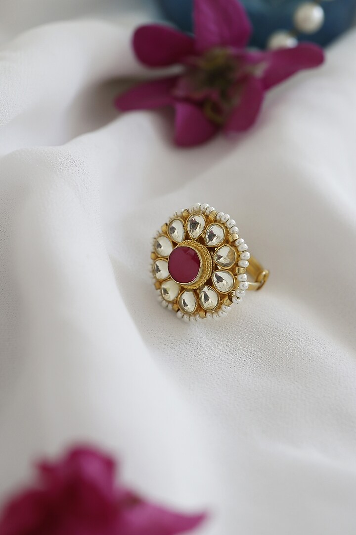Gold Finish Kundan Polki & Red Stone Handcrafted Adjustable Ring by Paisley Pop at Pernia's Pop Up Shop