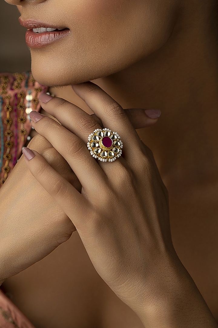 Gold Finish Kundan Polki & Red Stone Handcrafted Adjustable Ring by Paisley Pop at Pernia's Pop Up Shop