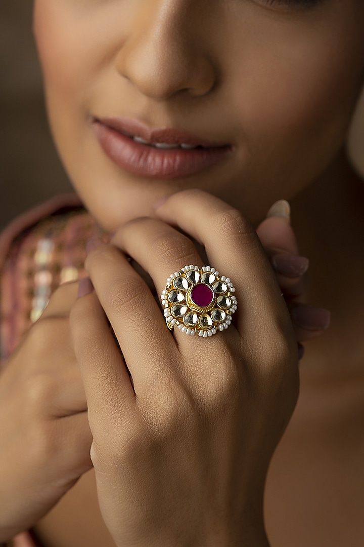 Gold Finish Kundan Polki & Red Stone Handcrafted Adjustable Ring by Paisley Pop at Pernia's Pop Up Shop