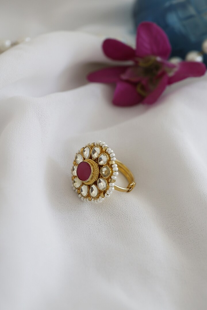 Gold Finish Kundan Polki & Red Stone Handcrafted Adjustable Ring by Paisley Pop at Pernia's Pop Up Shop