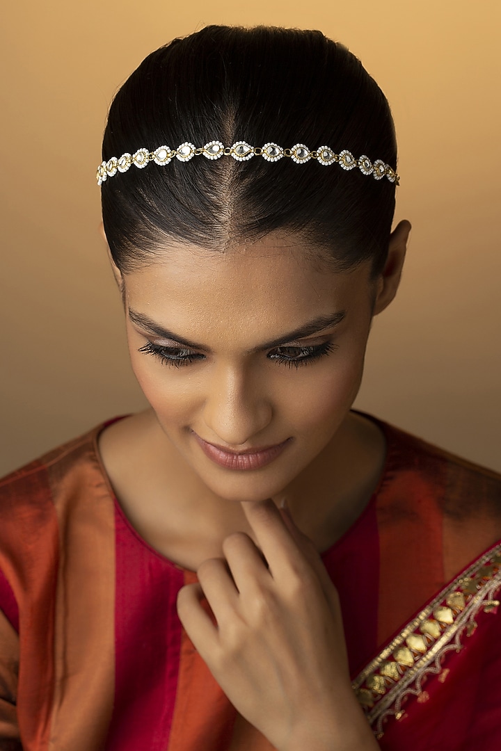 Gold Finish Kundan Polki Handcrafted Mathapatti by Paisley Pop at Pernia's Pop Up Shop