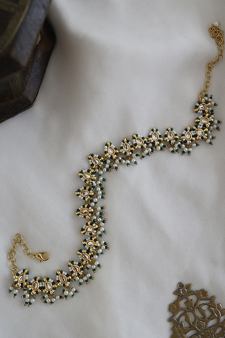 Gold Finish Kundan Polki & Green Beads Handcrafted Mathapatti by Paisley Pop at Pernia's Pop Up Shop