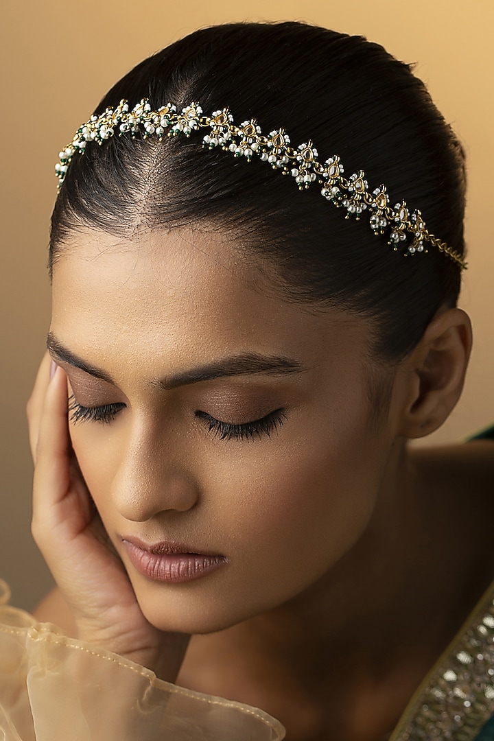Gold Finish Kundan Polki & Green Beads Handcrafted Mathapatti by Paisley Pop at Pernia's Pop Up Shop