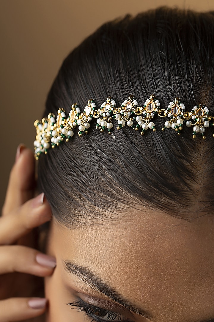 Gold Finish Kundan Polki & Green Beads Handcrafted Mathapatti by Paisley Pop at Pernia's Pop Up Shop