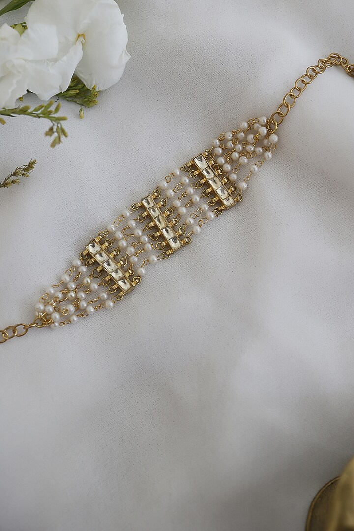 Gold Finish Kundan Polki & Pearls Handcrafted Bracelet by Paisley Pop at Pernia's Pop Up Shop