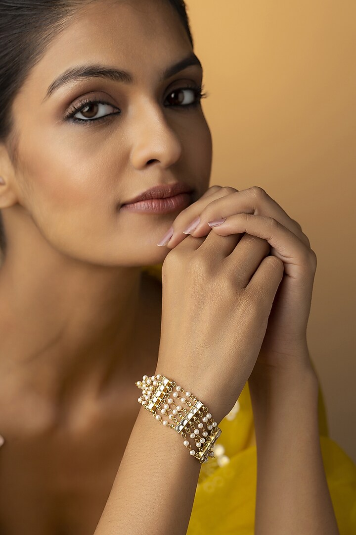 Gold Finish Kundan Polki & Pearls Handcrafted Bracelet by Paisley Pop at Pernia's Pop Up Shop