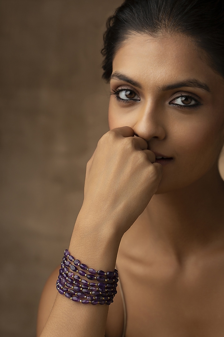 Gold Finish Purple Amethyst Stones Handcrafted Bracelet by Paisley Pop at Pernia's Pop Up Shop