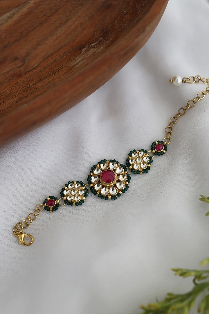 Gold Finish Green Kundan Polki & Pink Stones Handcrafted Bracelet by Paisley Pop at Pernia's Pop Up Shop