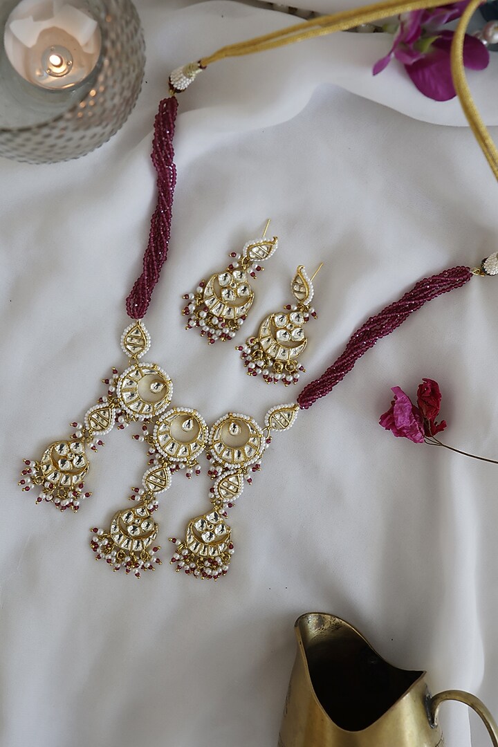 Gold Finish Kundan & Red Garnet Stone Choker Necklace Set by Paisley Pop at Pernia's Pop Up Shop
