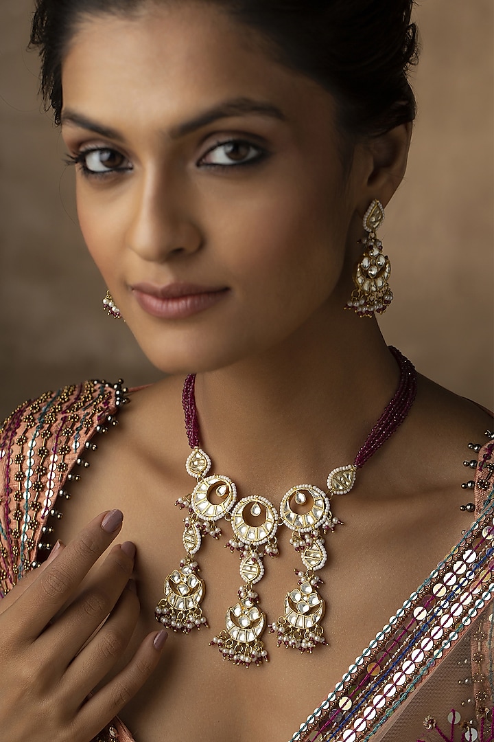 Gold Finish Kundan & Red Garnet Stone Choker Necklace Set by Paisley Pop