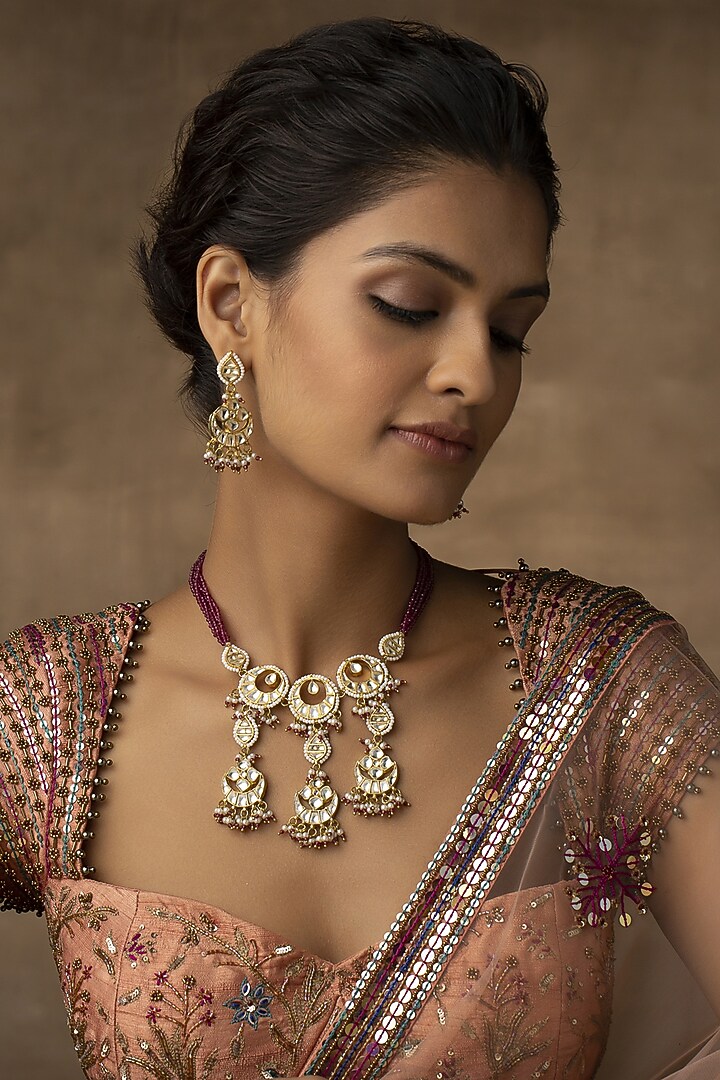 Gold Finish Kundan & Red Garnet Stone Choker Necklace Set by Paisley Pop at Pernia's Pop Up Shop