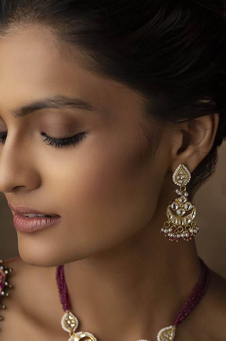 Gold Finish Kundan & Red Garnet Stone Choker Necklace Set by Paisley Pop at Pernia's Pop Up Shop