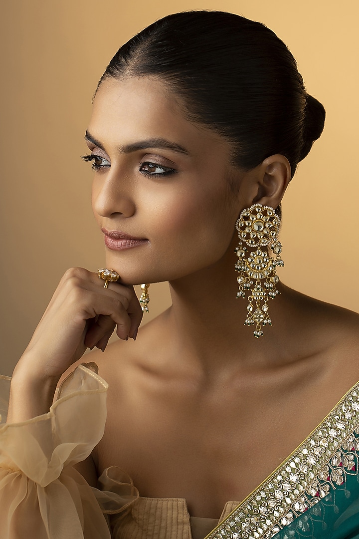 Gold Finish Kundan & Pearl Dangler Earrings by Paisley Pop at Pernia's Pop Up Shop