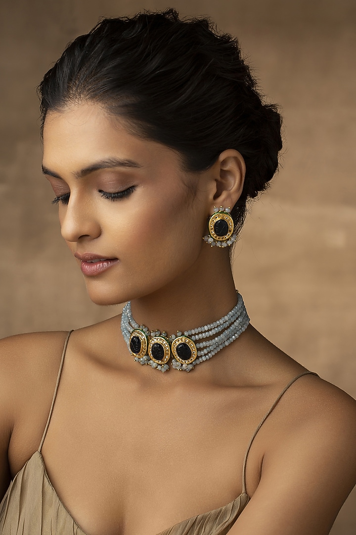 Gold Finish Kundan & Pearl Choker Necklace Set by Paisley Pop at Pernia's Pop Up Shop