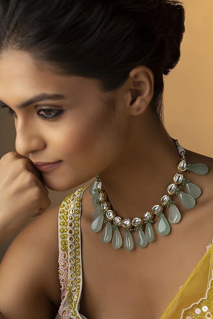 Gold Finish Kundan & Mint Fluorite Stone Necklace by Paisley Pop at Pernia's Pop Up Shop