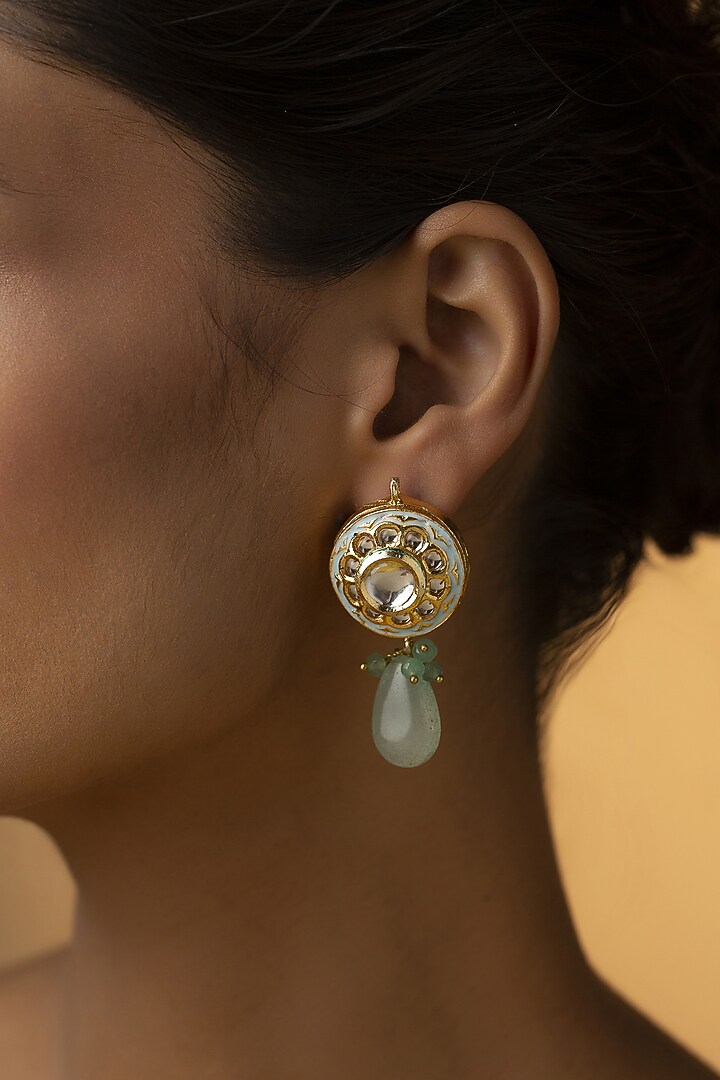 Gold Finish Kundan Polki Stud Earrings by Paisley Pop at Pernia's Pop Up Shop