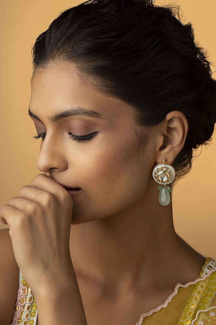 Gold Finish Kundan Polki Stud Earrings by Paisley Pop at Pernia's Pop Up Shop