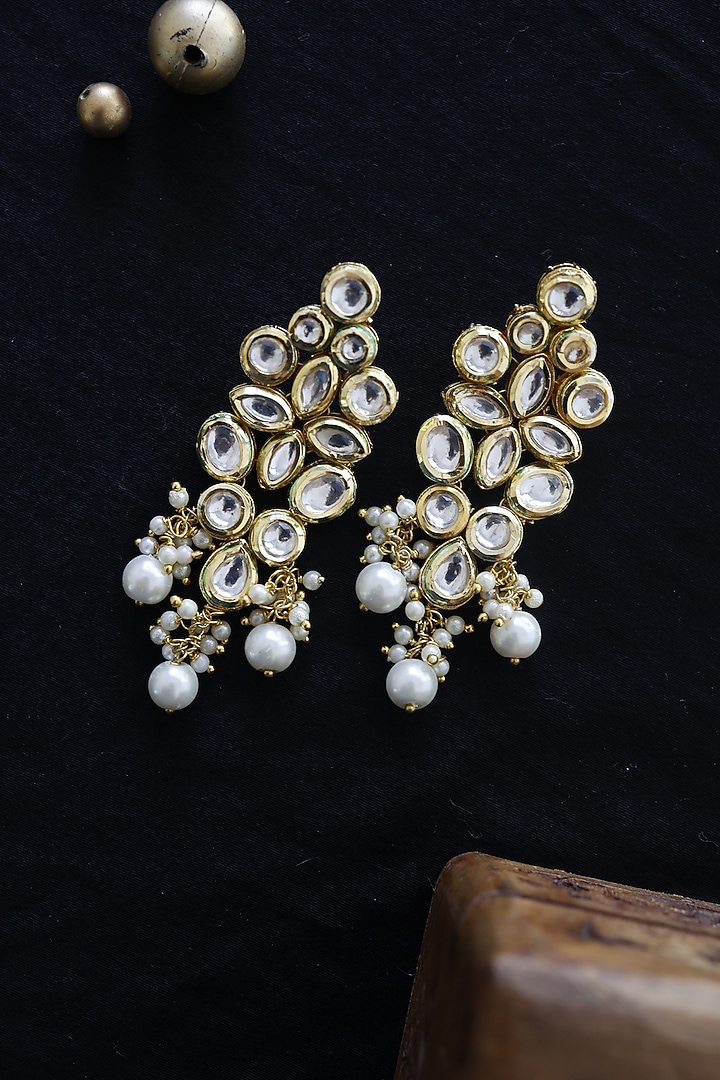 Gold Finish Kundan & Pearl Dangler Earrings by Paisley Pop at Pernia's Pop Up Shop