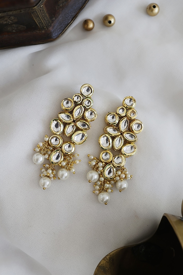 Gold Finish Kundan & Pearl Dangler Earrings by Paisley Pop at Pernia's Pop Up Shop