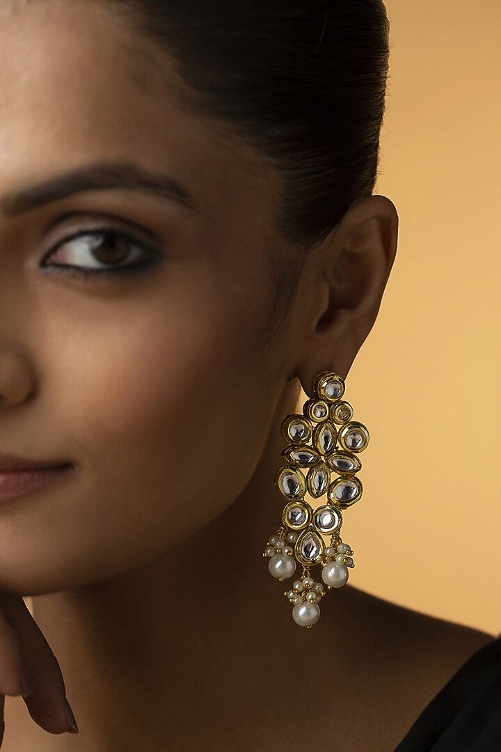 Gold Finish Kundan & Pearl Dangler Earrings by Paisley Pop at Pernia's Pop Up Shop
