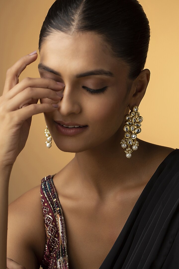 Gold Finish Kundan & Pearl Dangler Earrings by Paisley Pop at Pernia's Pop Up Shop