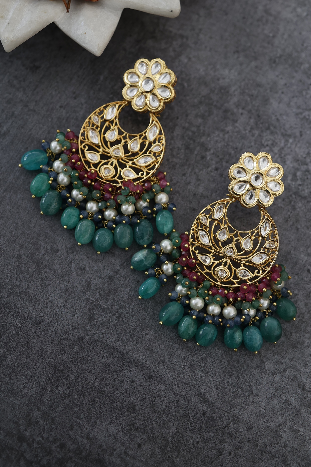 Floral White Enamel polki Chandbali Jadau Earrings with Pearl Drop – Curio  Cottage