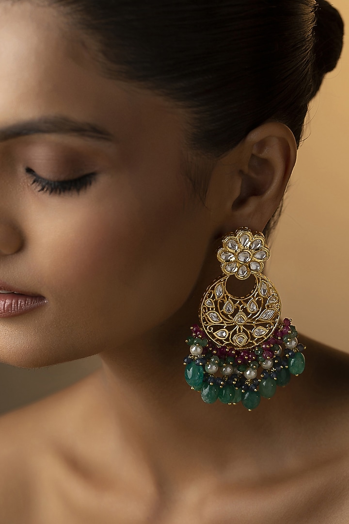 Gold Finish Jade Green Stone Chandbali Earrings by Paisley Pop at Pernia's Pop Up Shop