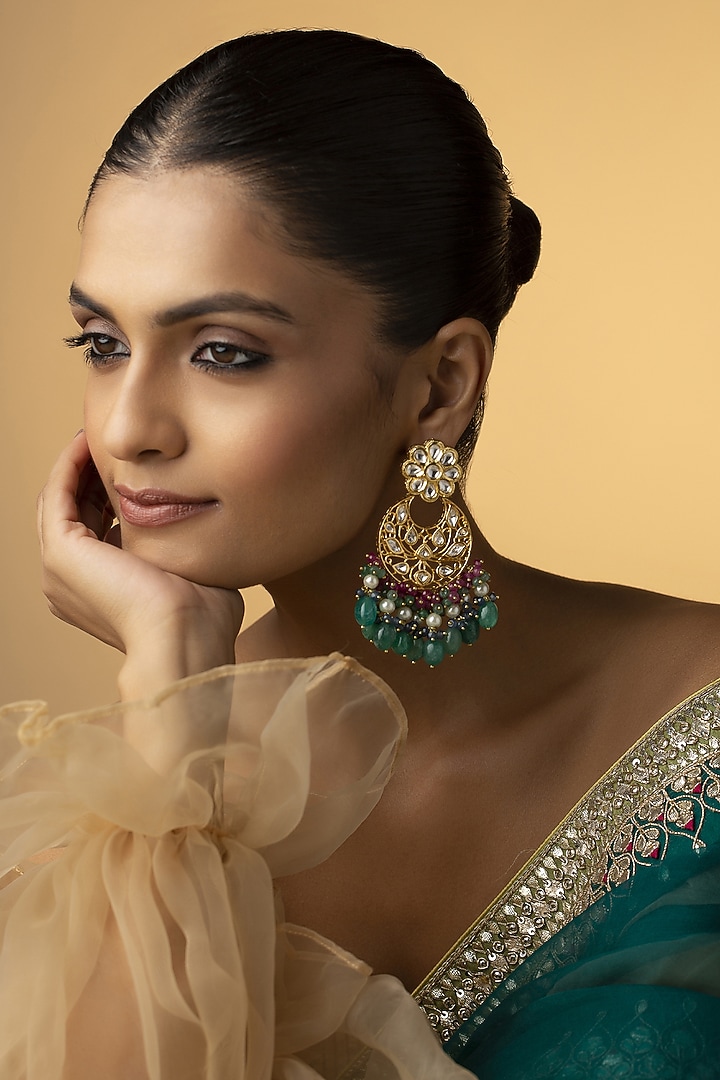Gold Finish Jade Green Stone Chandbali Earrings by Paisley Pop at Pernia's Pop Up Shop
