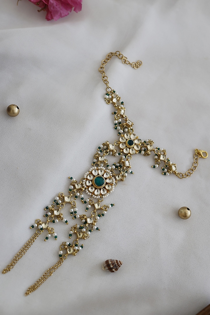 Gold Finish Kundan & Green Stone Hathphool by Paisley Pop at Pernia's Pop Up Shop