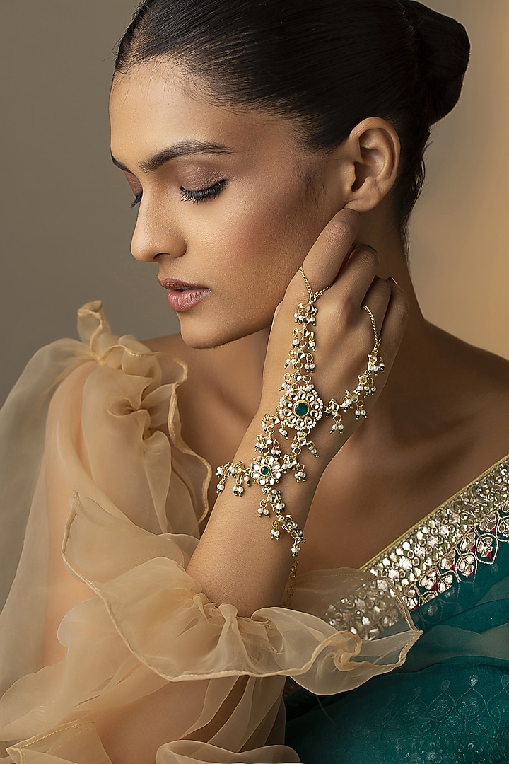Gold Finish Kundan & Green Stone Hathphool by Paisley Pop at Pernia's Pop Up Shop