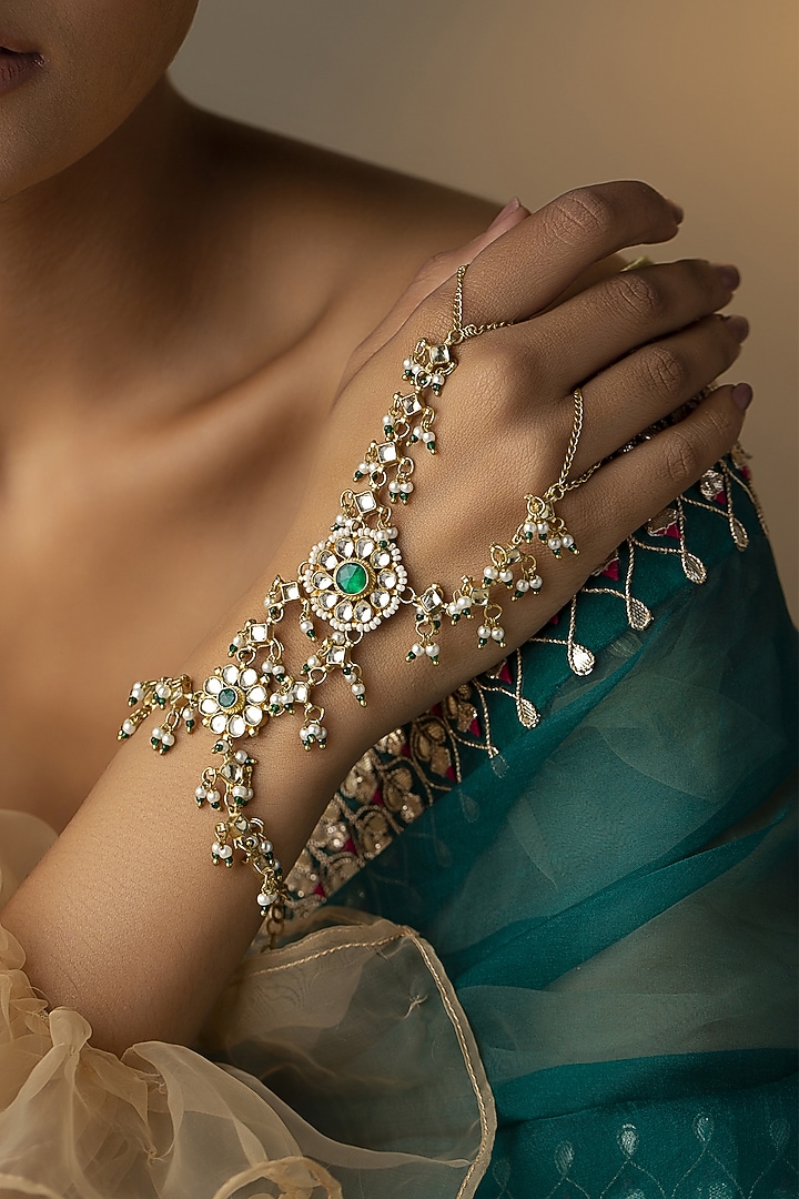 Gold Finish Kundan & Green Stone Hathphool by Paisley Pop at Pernia's Pop Up Shop