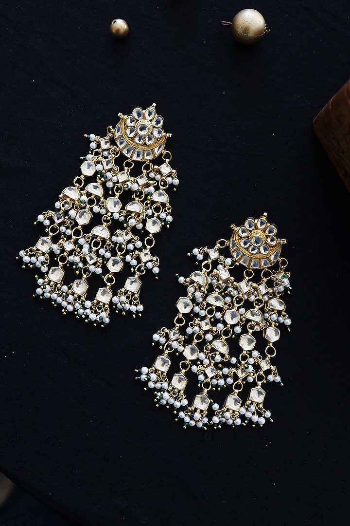Gold Finish Kundan & Pearl Dangler Earrings by Paisley Pop at Pernia's Pop Up Shop