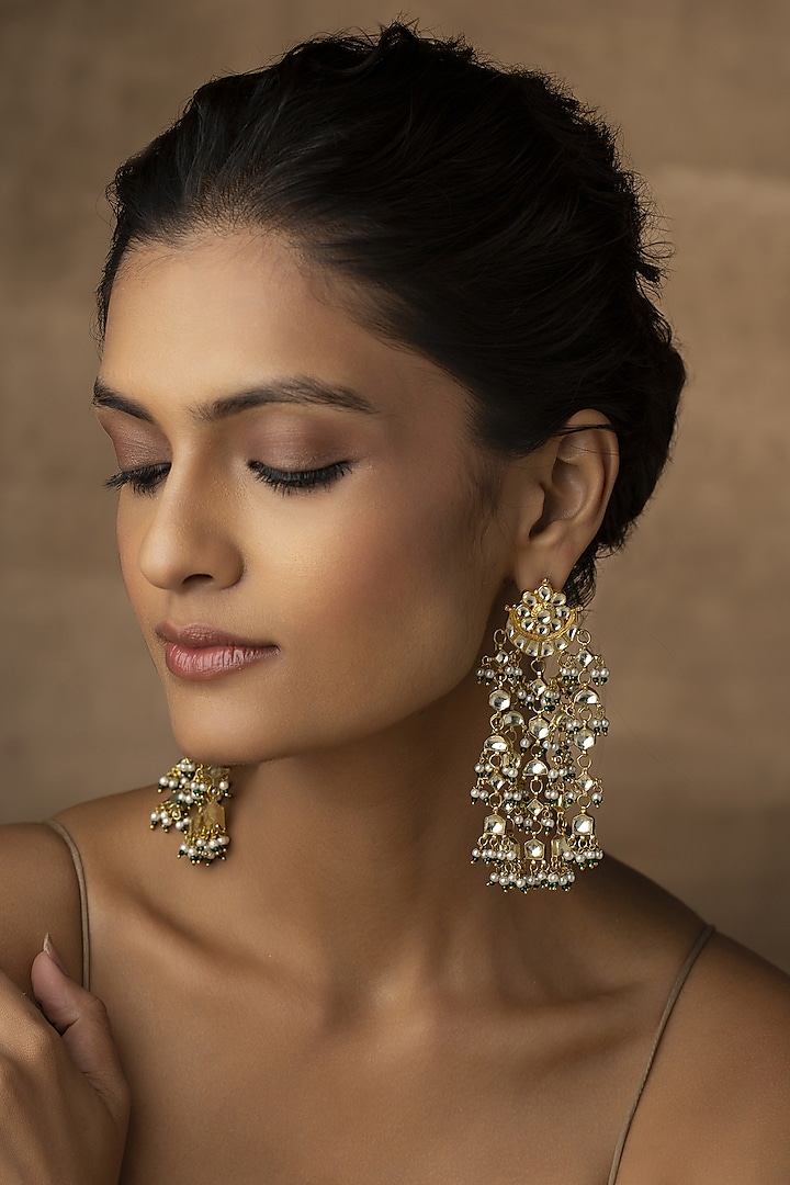 Gold Finish Kundan & Pearl Dangler Earrings by Paisley Pop at Pernia's Pop Up Shop