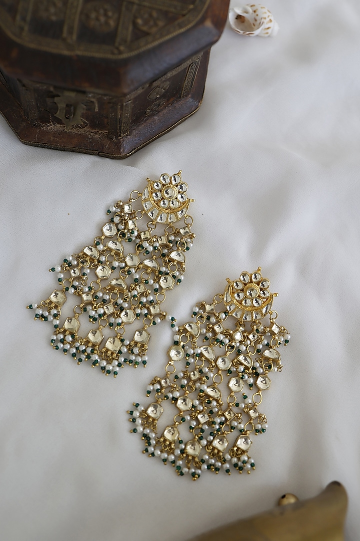 Gold Finish Kundan & Pearl Dangler Earrings by Paisley Pop at Pernia's Pop Up Shop