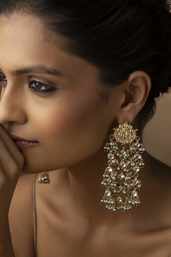Gold Finish Kundan & Pearl Dangler Earrings by Paisley Pop at Pernia's Pop Up Shop