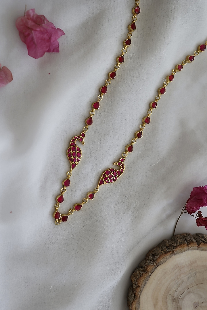 Gold Finish Kundan & Pink Stone Necklace by Paisley Pop at Pernia's Pop Up Shop