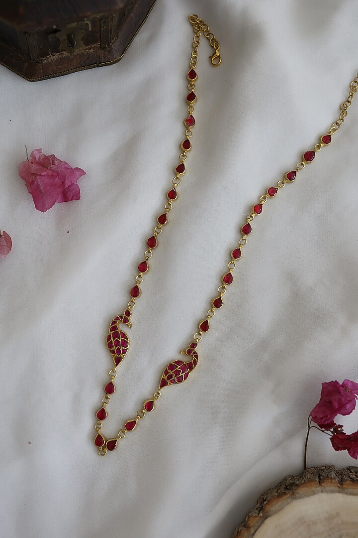 Gold Finish Kundan & Pink Stone Necklace by Paisley Pop at Pernia's Pop Up Shop