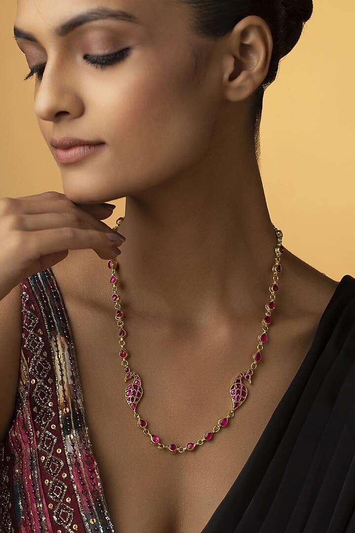 Gold Finish Kundan & Pink Stone Necklace by Paisley Pop at Pernia's Pop Up Shop
