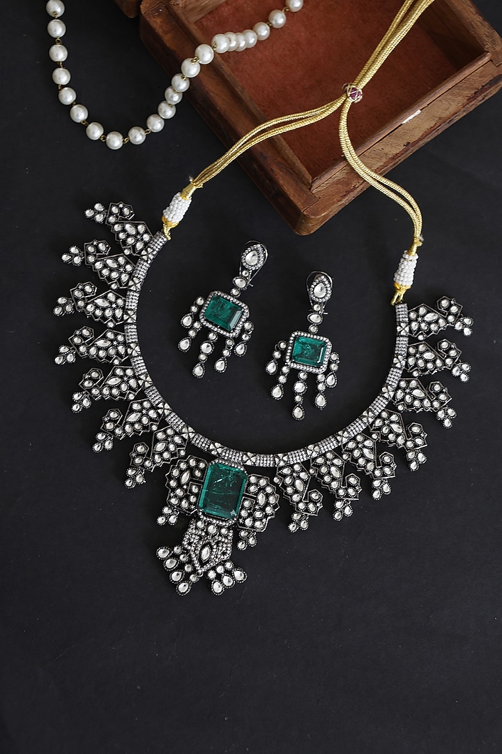 Rhodium Finish Emerald & Zirconia Necklace Set by Paisley Pop at Pernia's Pop Up Shop