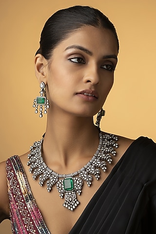 Rhodium Finish Emerald & Zirconia Necklace Set by Paisley Pop