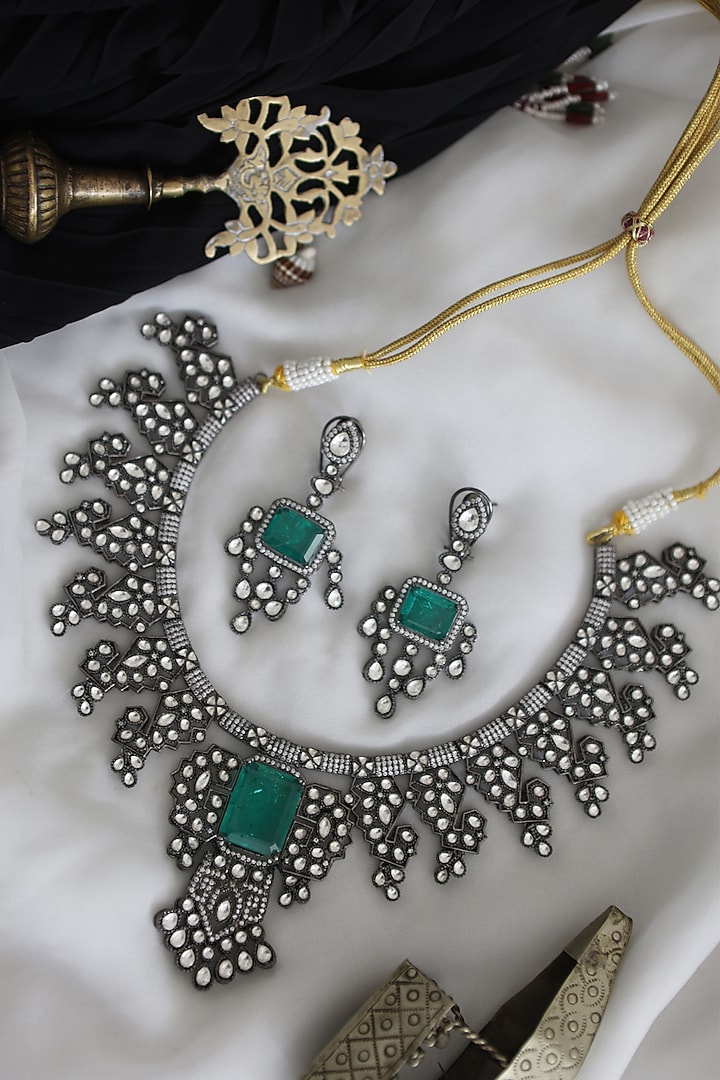 Rhodium Finish Emerald & Zirconia Necklace Set by Paisley Pop at Pernia's Pop Up Shop