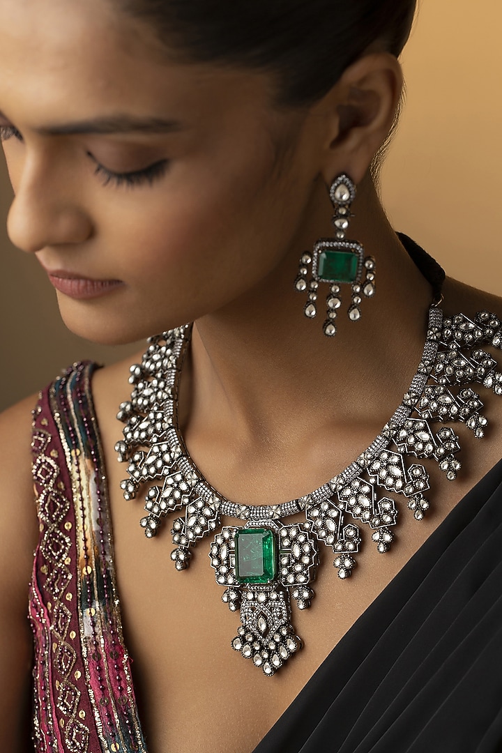 Rhodium Finish Emerald & Zirconia Necklace Set by Paisley Pop at Pernia's Pop Up Shop