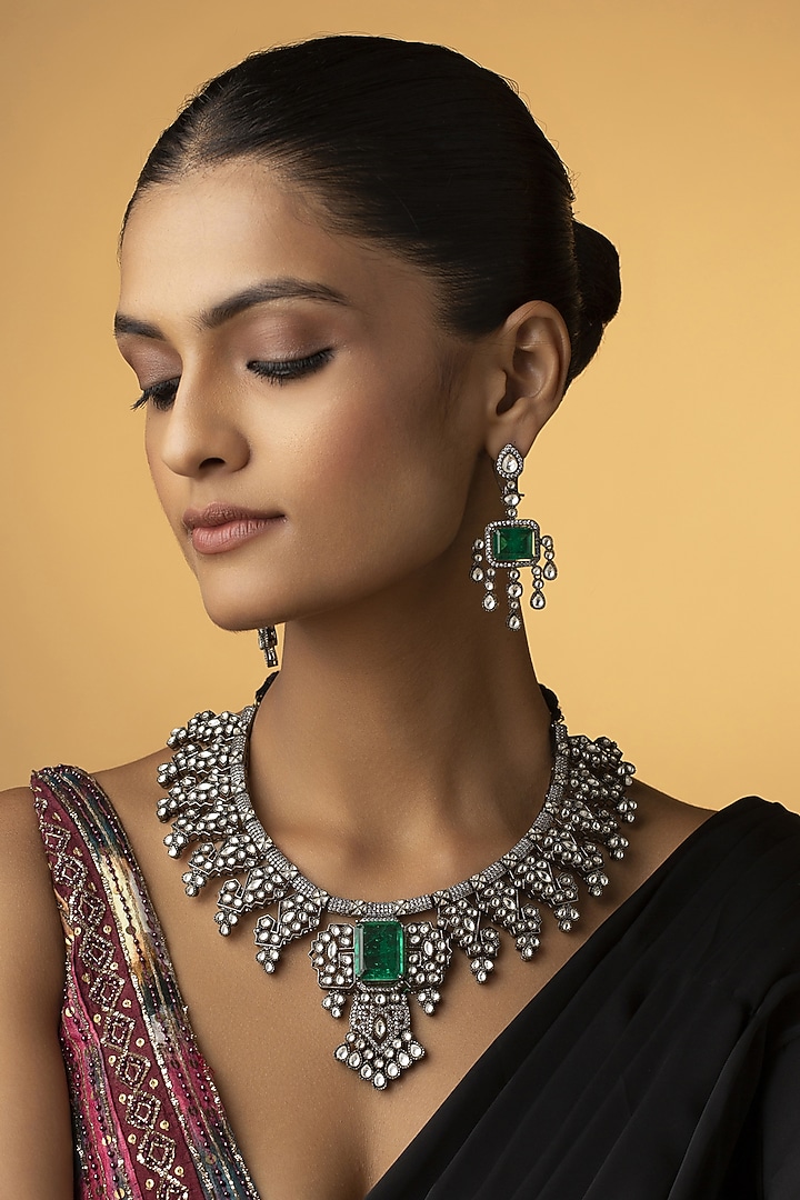Rhodium Finish Emerald & Zirconia Necklace Set by Paisley Pop at Pernia's Pop Up Shop