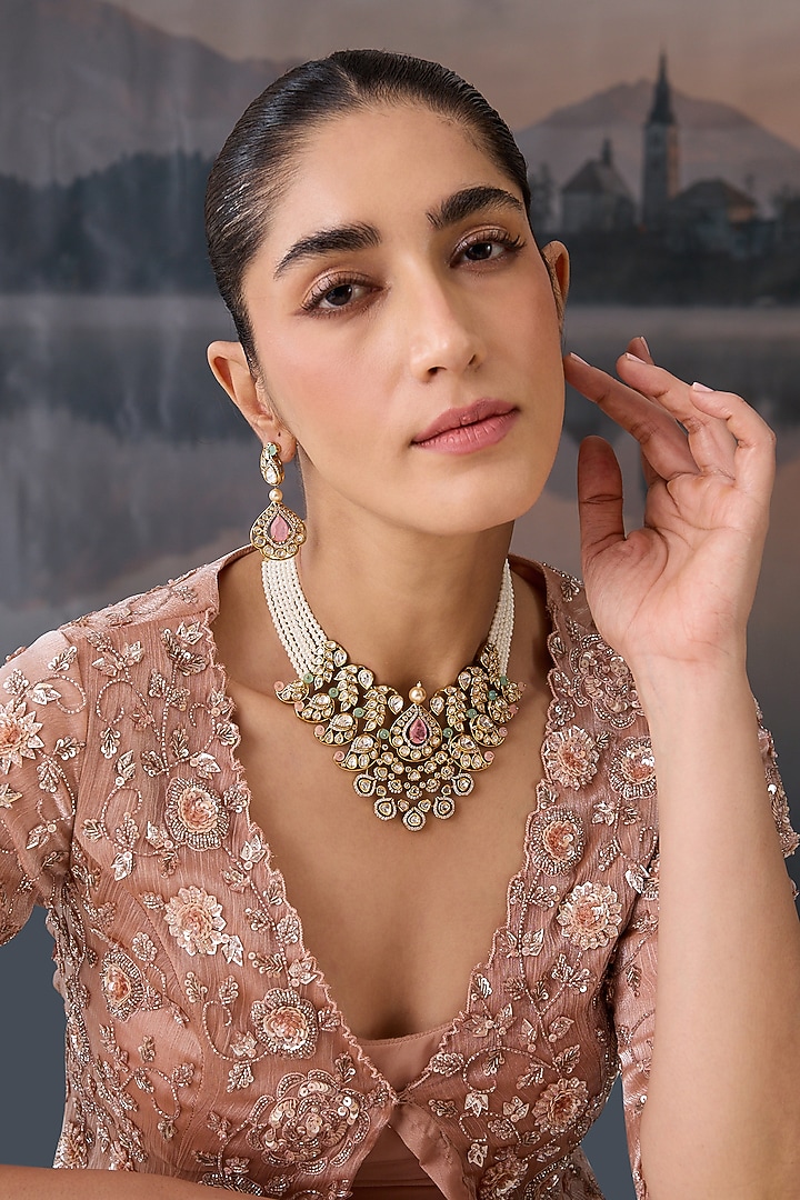 Gold Plated Kundan Polki & Pearl Necklace Set by Paisley Pop at Pernia's Pop Up Shop