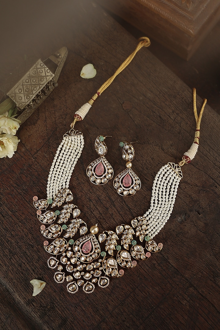 Gold Plated Kundan Polki & Pearl Necklace Set by Paisley Pop at Pernia's Pop Up Shop